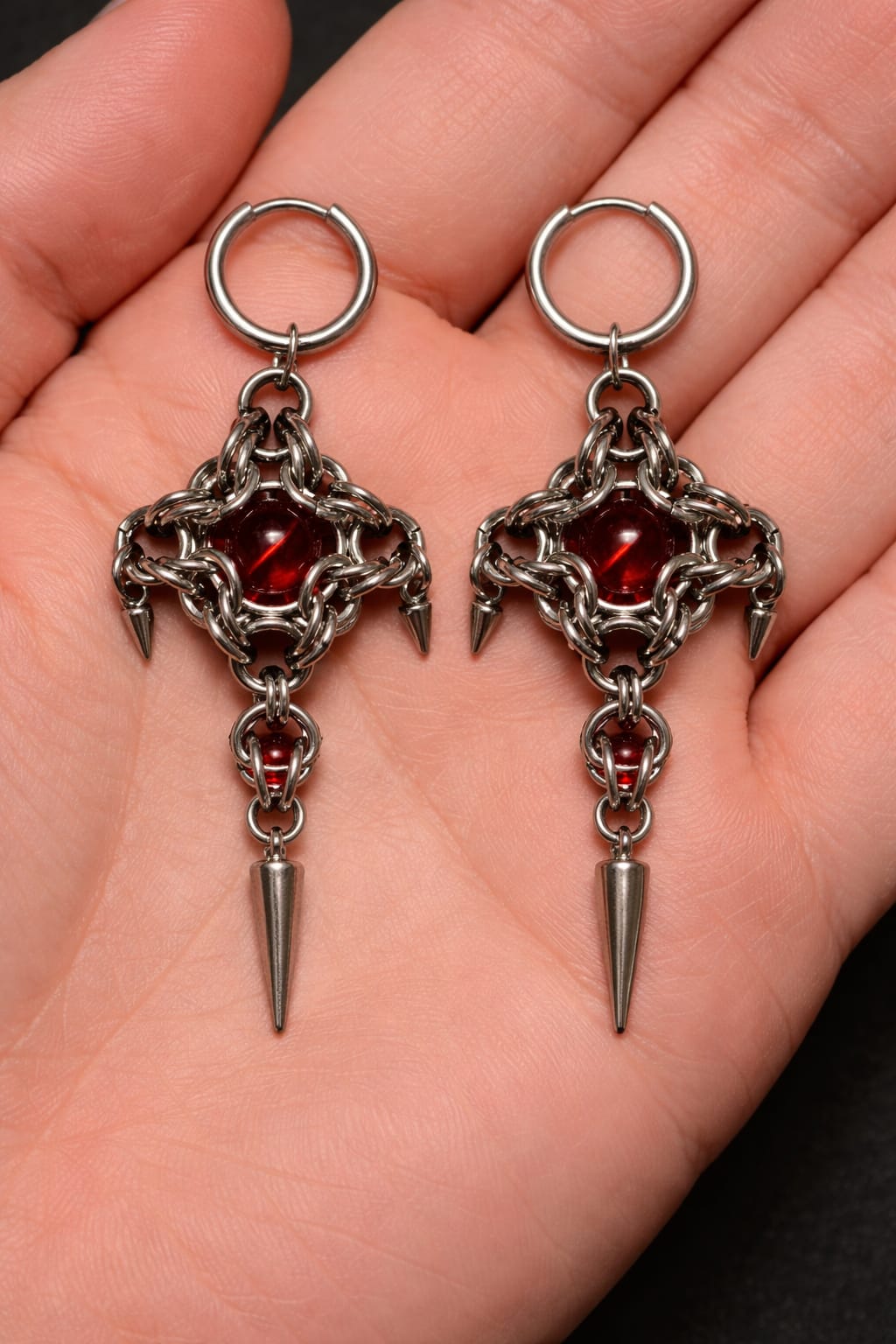Crimson Core Chainmail Earring with Industrial Spikes - Image 2