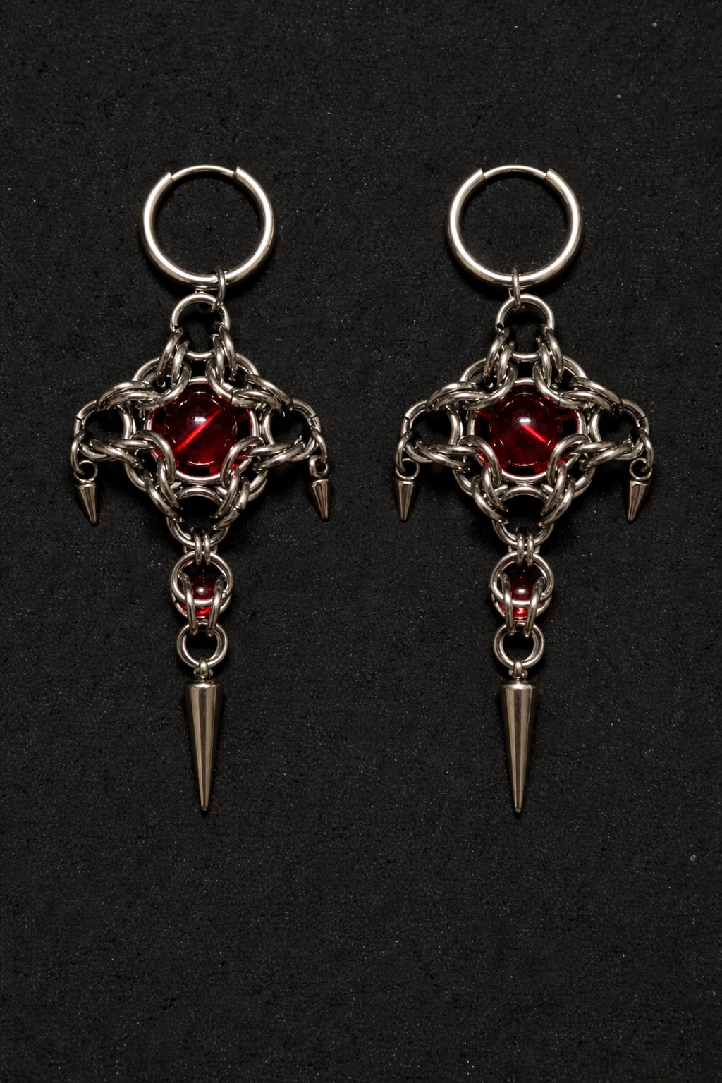 Crimson Core Chainmail Earring with Industrial Spikes