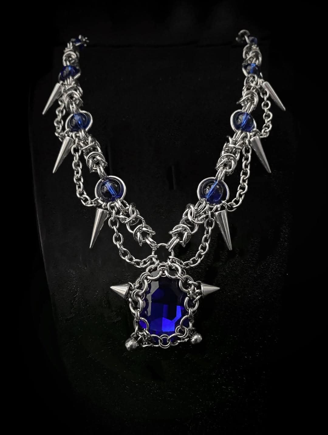 Gothic Spike Chain Necklace with Blue Crystal Pendant