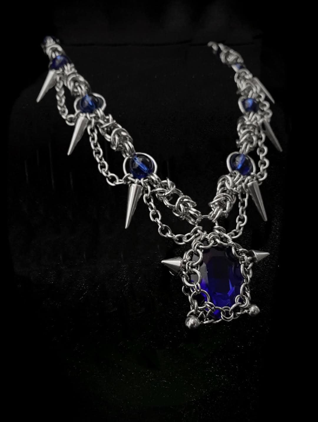 Gothic Spike Chain Necklace with Blue Crystal Pendant - Image 3