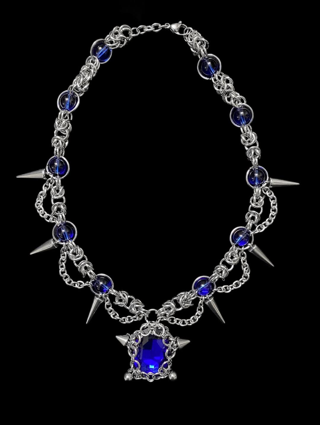 Gothic Spike Chain Necklace with Blue Crystal Pendant - Image 2