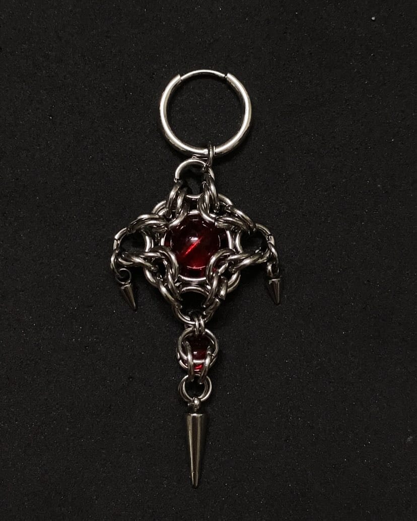 Crimson Core Chainmail Earring with Industrial Spikes - Image 3
